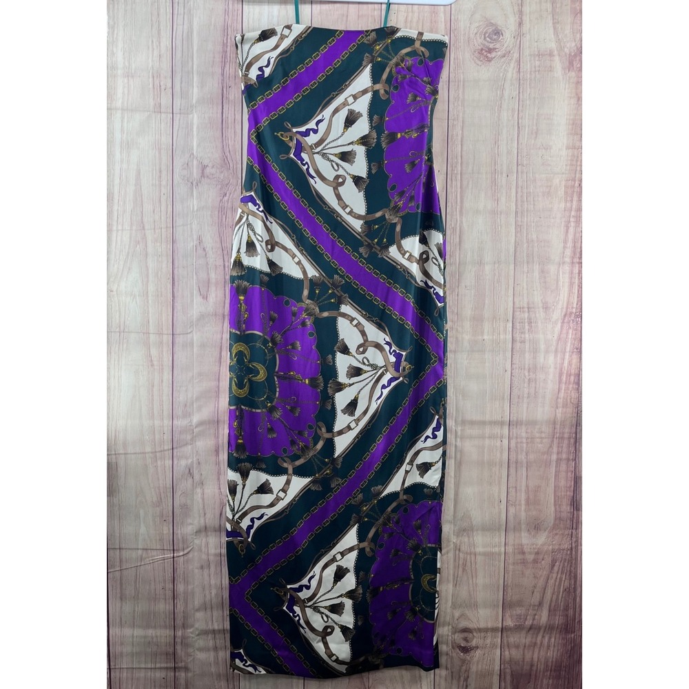 Veronica Beard Silk Blend Strapless Maxi Dress Chain Scarf Print Purple Green 4 - Picture 6 of 10